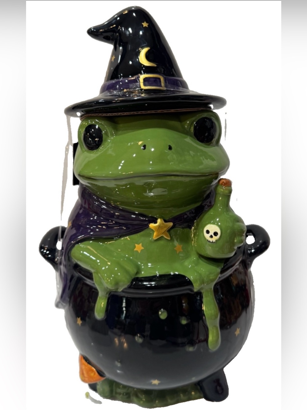 Spooky Street Halloween Cookie Jar/Canister Witch/Wizard Frog on Cauldron NWT